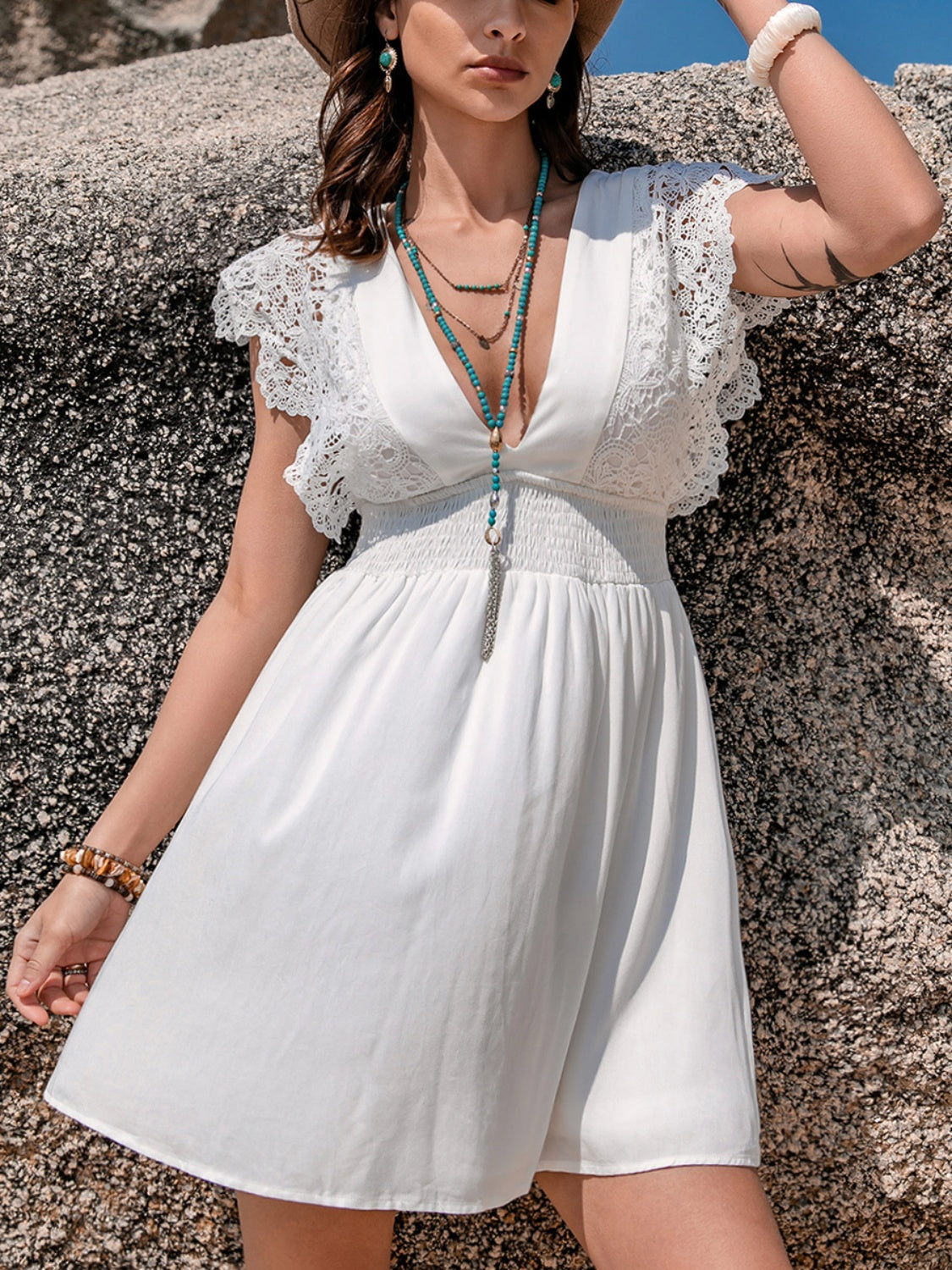 Lace Detail Plunge Cap Sleeve Mini Dress Kate & Court Lace Detail Plunge Cap Sleeve Mini Dress Kate & Court