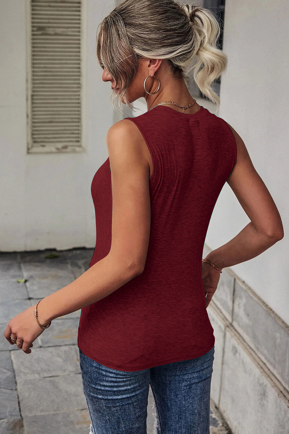 Blue Ribbed Knit Cut Out Twist Front Crew Neck Tank Top