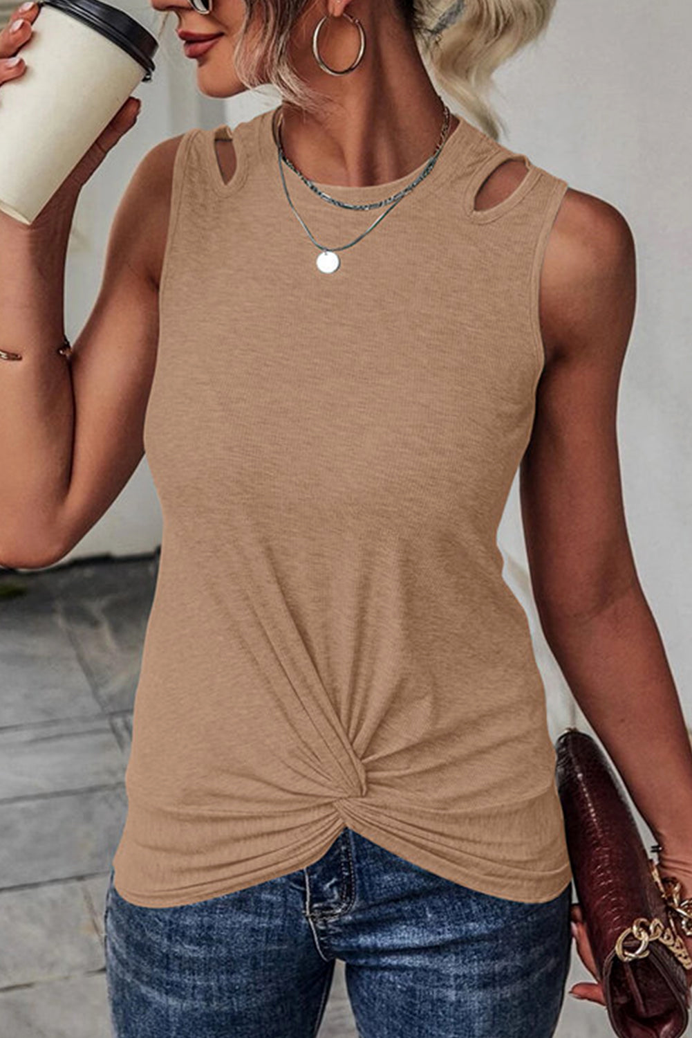 Blue Ribbed Knit Cut Out Twist Front Crew Neck Tank Top