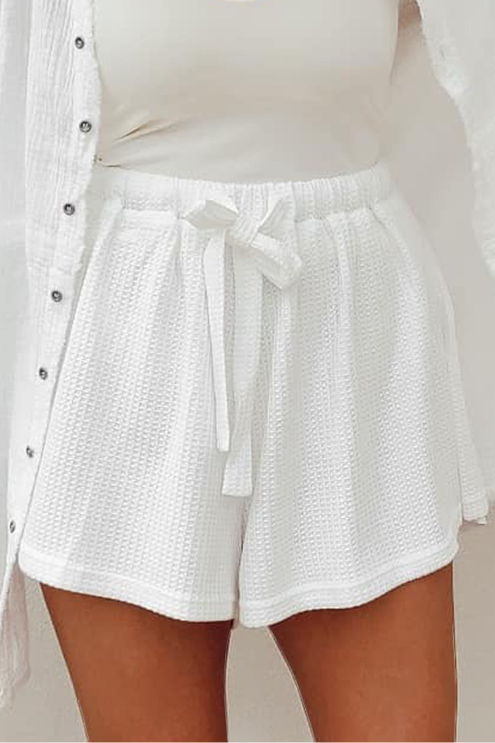 Waffle Knit Lace-up High Waist Wide Leg Shorts