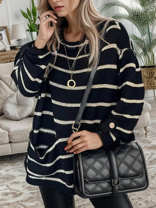 Striped Buttoned Long Sleeve Sweater with Pocket