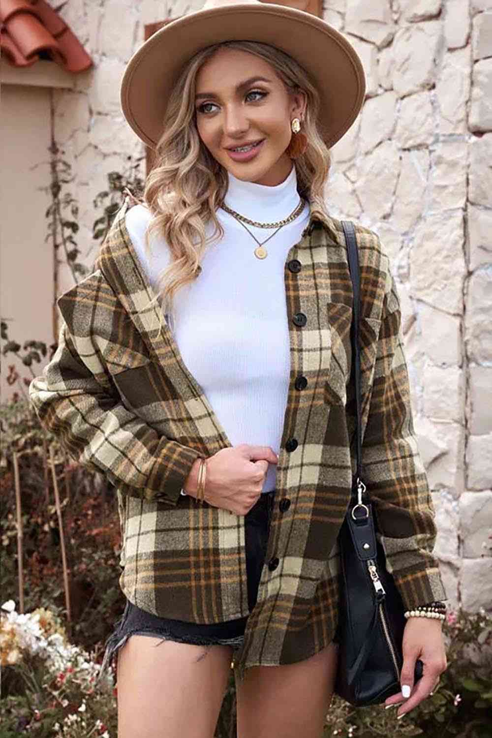 Plaid Collared Neck Button Up Jacket with Pockets