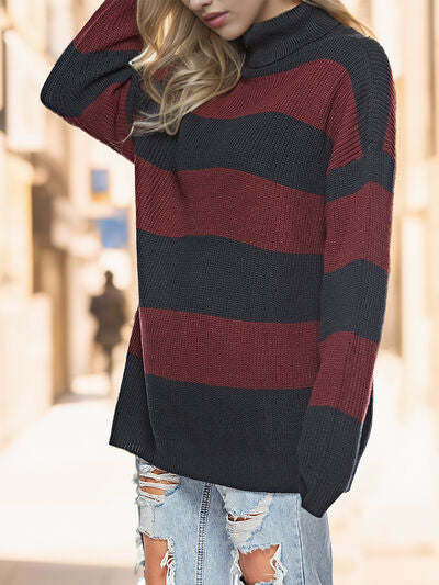 Striped Long Sleeve Turtled Neck Sweater