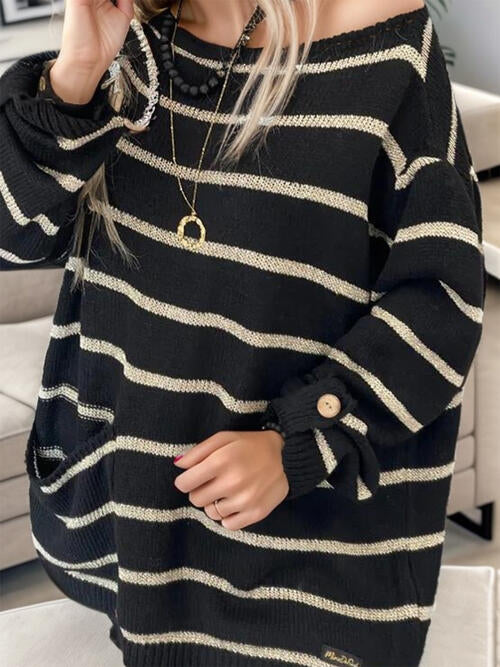 Striped Buttoned Long Sleeve Sweater with Pocket