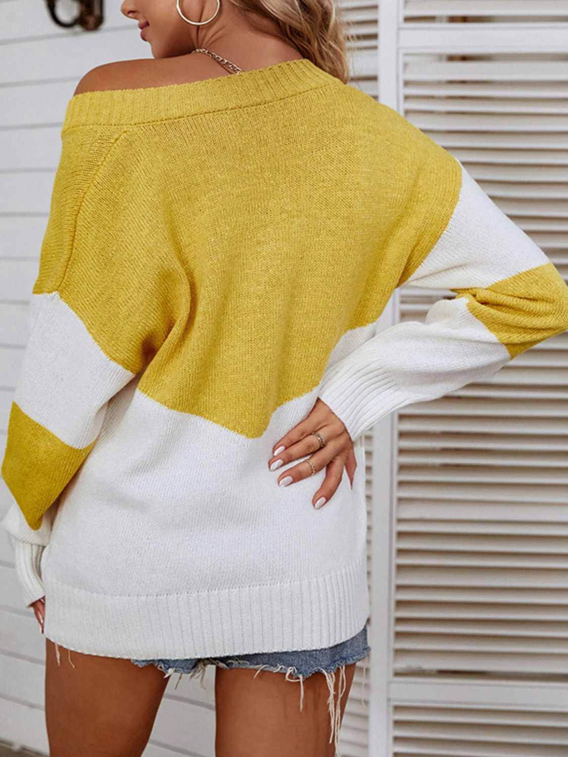 Two-Tone Ribbed Trim V-Neck Sweater