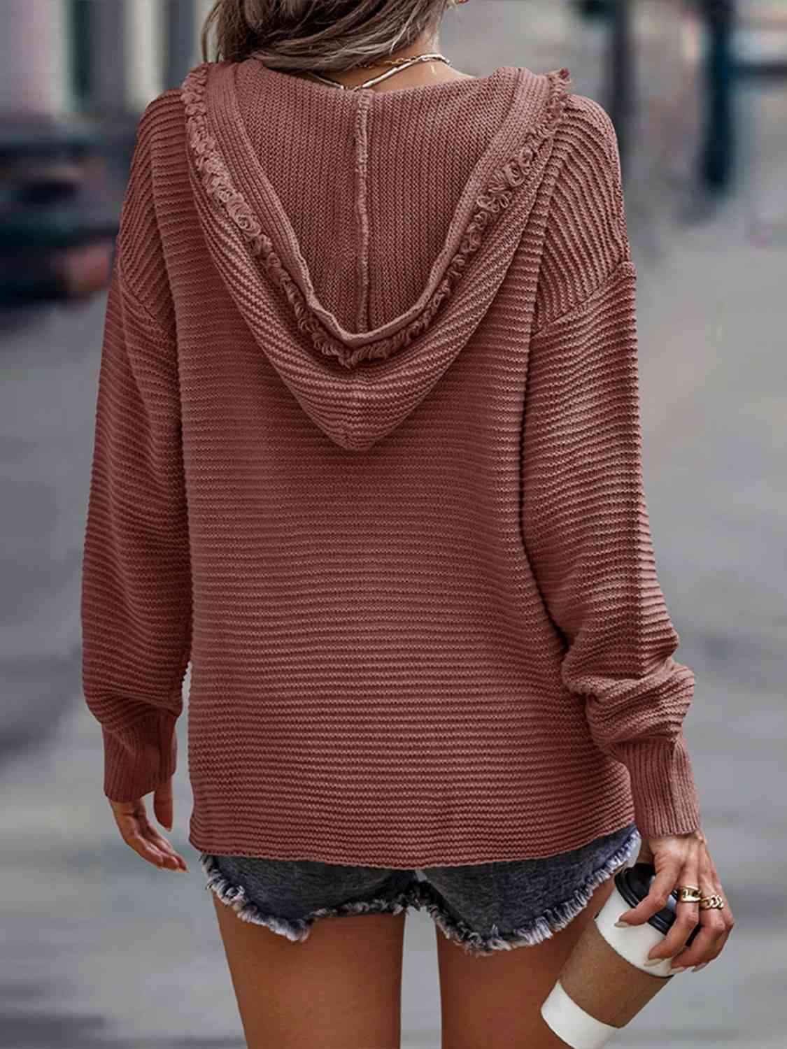 Ribbed Fringed V-Neck Hooded Sweater