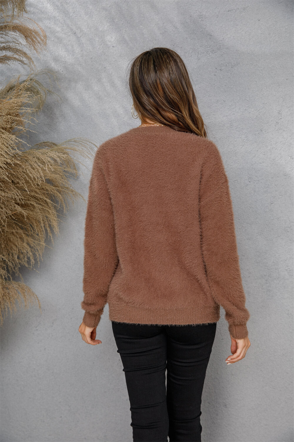 Dropped Shoulder Round Neck Fuzzy Sweater